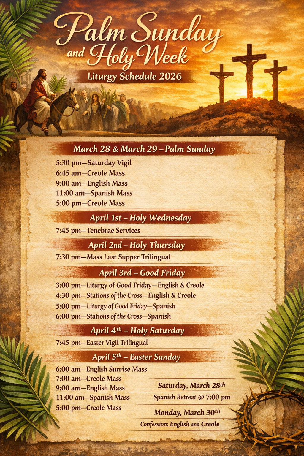 Palm Sunday and Holy Week Schedule 2026